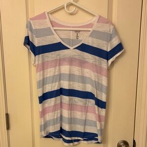 GAP Blue, Pink, and White Striped V-Neck Tee